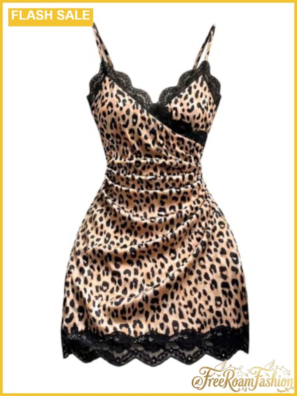 Leopard Print Lace Trim Ruched Mini Dress Sleeveless Y2K Club Party
